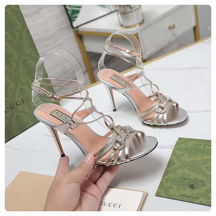 Gucci Women GG Horsebit Sandal Metallic Silver Gold Leather Crystals High Heel