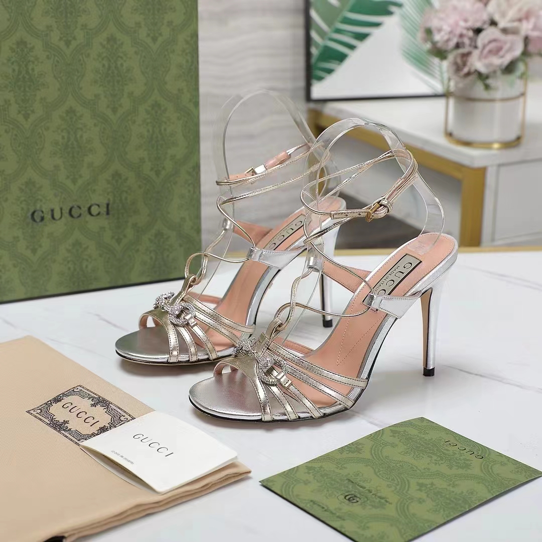 Gucci Women GG Horsebit Sandal Metallic Silver Gold Leather Crystals High Heel