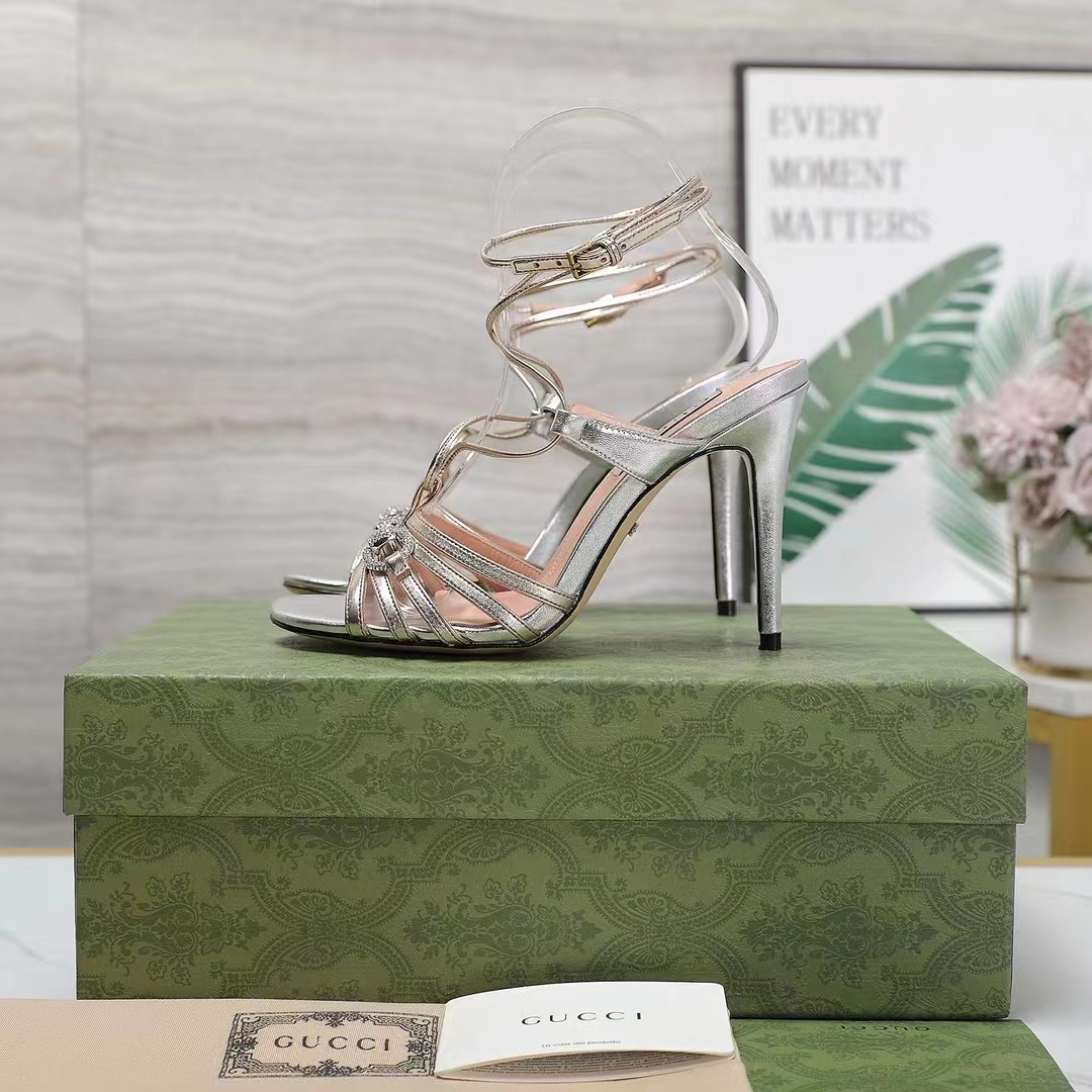 Gucci Women GG Horsebit Sandal Metallic Silver Gold Leather Crystals High Heel
