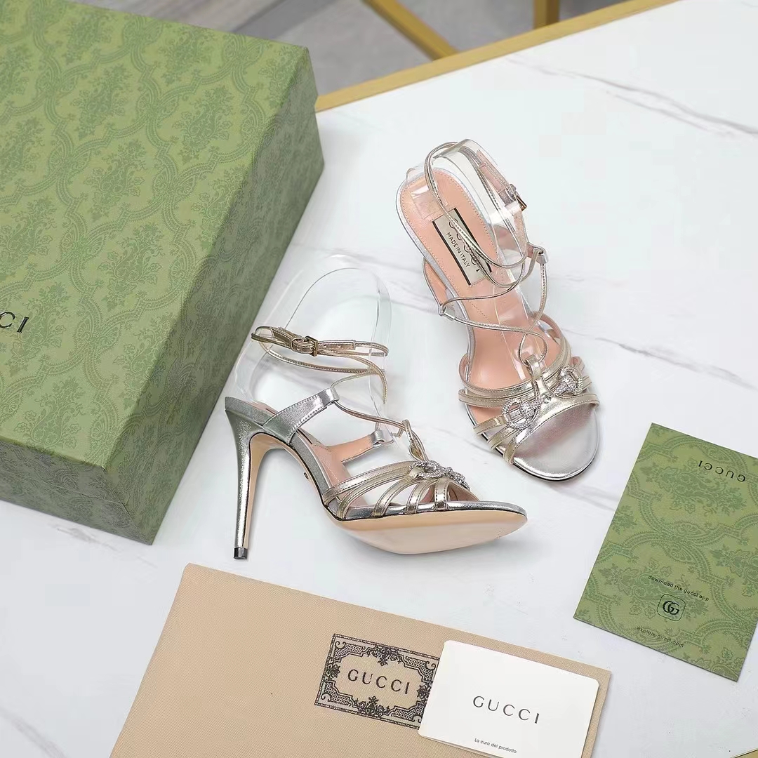 Gucci Women GG Horsebit Sandal Metallic Silver Gold Leather Crystals High Heel