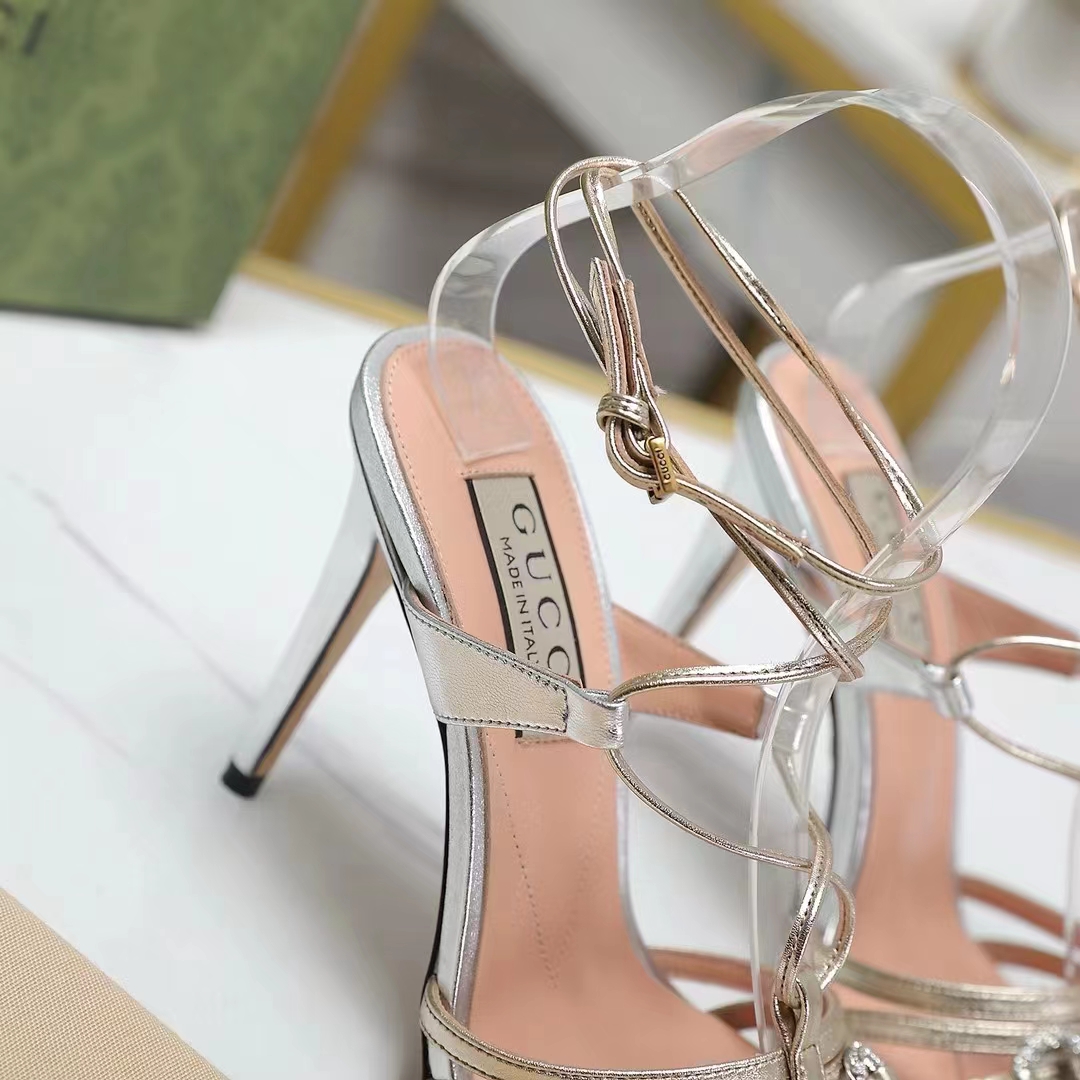 Gucci Women GG Horsebit Sandal Metallic Silver Gold Leather Crystals High Heel