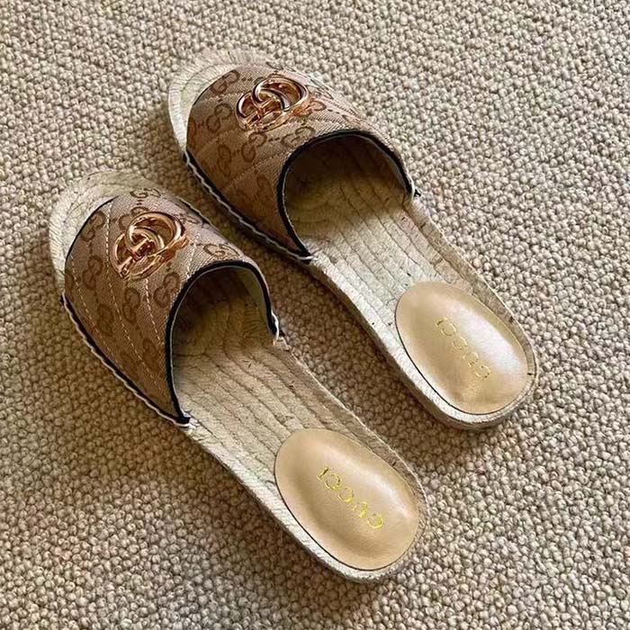 Gucci Women GG Matelassé Canvas Espadrille Sandal Double G Flat