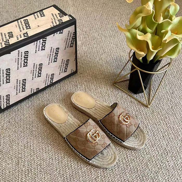Gucci Women GG Matelassé Canvas Espadrille Sandal Double G Flat
