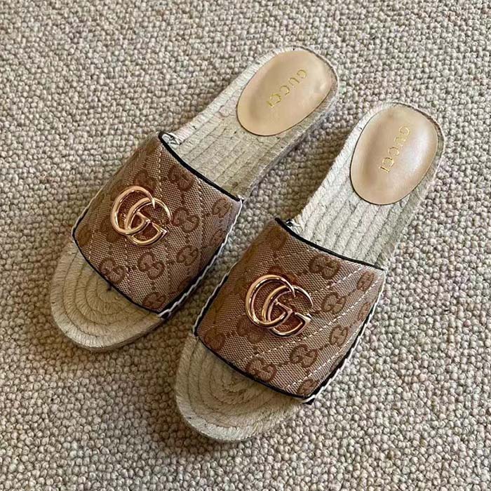 Gucci Women GG Matelassé Canvas Espadrille Sandal Double G Flat