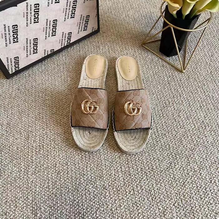 Gucci Women GG Matelassé Canvas Espadrille Sandal Double G Flat