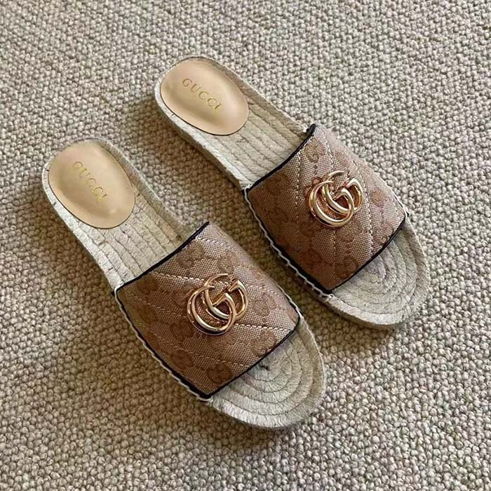 Gucci Women GG Matelassé Canvas Espadrille Sandal Double G Flat