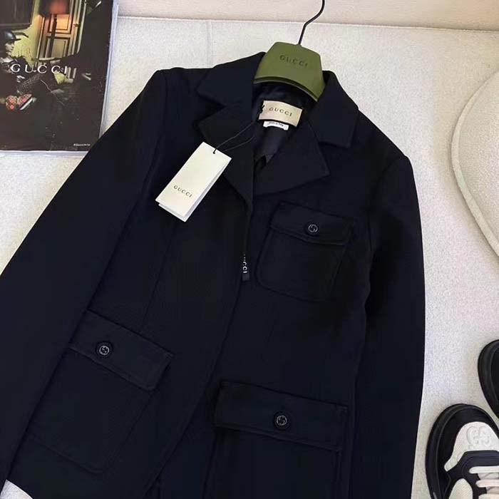 Gucci Men GG Wool Jacquard Jacket Black Lined Notch Lapel Petite Fit