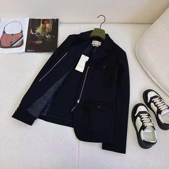 Gucci Men GG Wool Jacquard Jacket Black Lined Notch Lapel Petite Fit