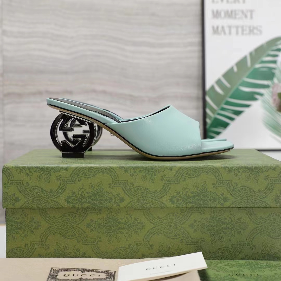 Gucci Women Interlocking G Heel Sandal Light Green Leather Mid 7.6 CM Heel