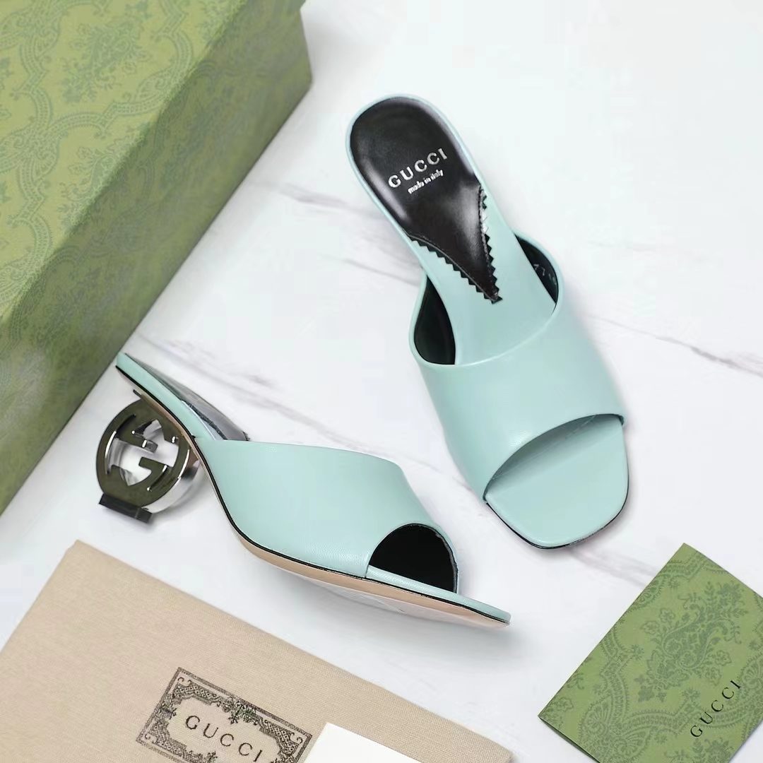 Gucci Women Interlocking G Heel Sandal Light Green Leather Mid 7.6 CM Heel