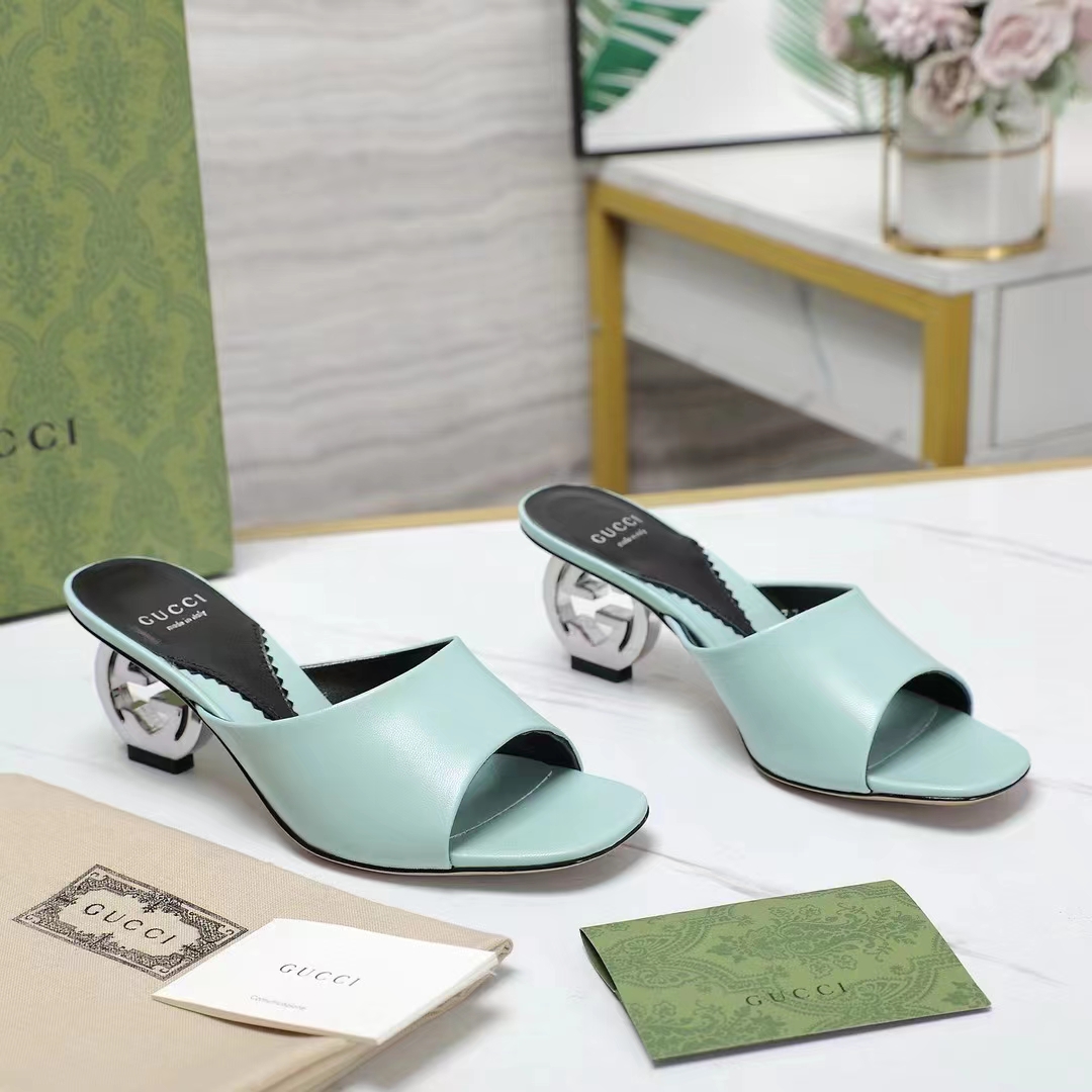 Gucci Women Interlocking G Heel Sandal Light Green Leather Mid 7.6 CM Heel
