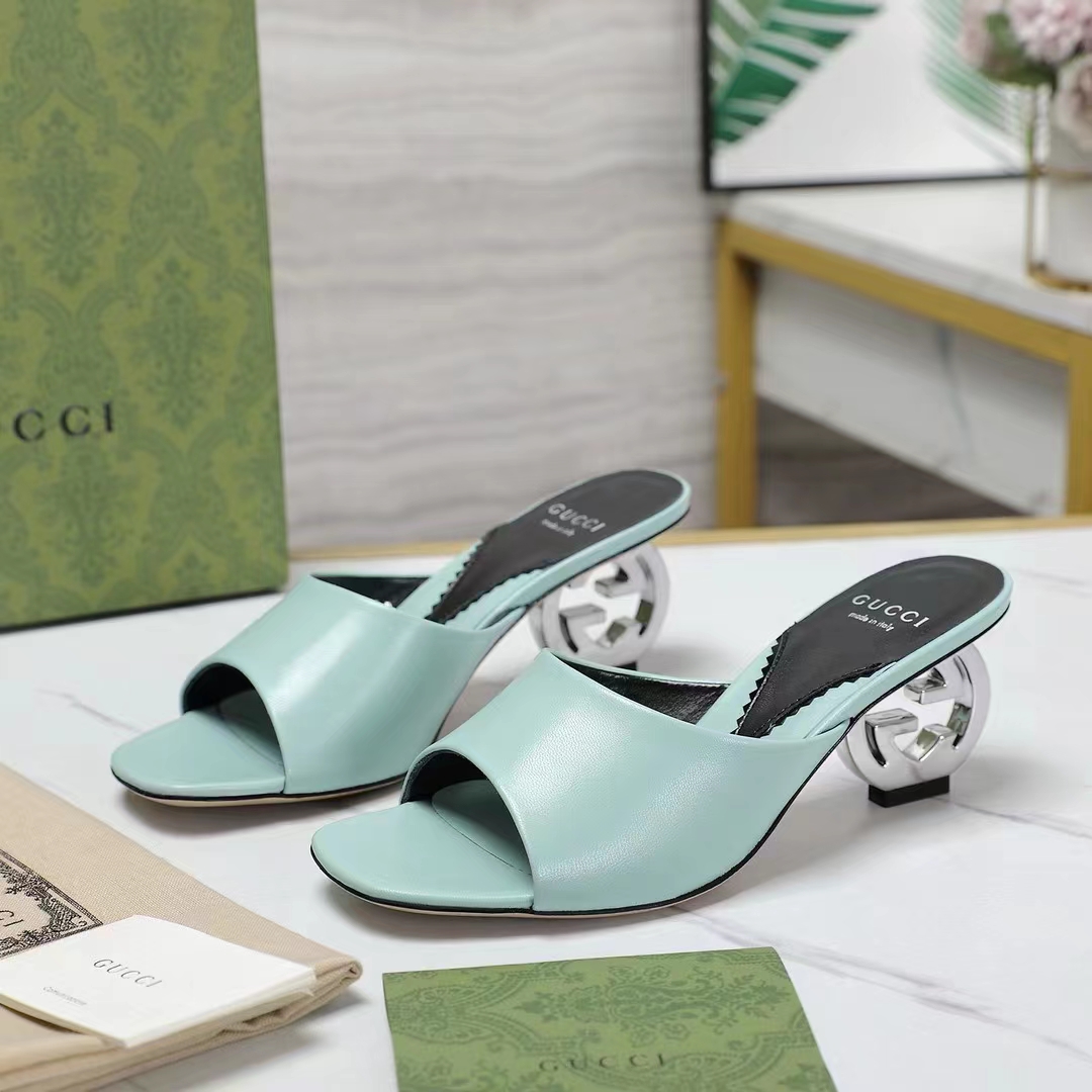 Gucci Women Interlocking G Heel Sandal Light Green Leather Mid 7.6 CM Heel