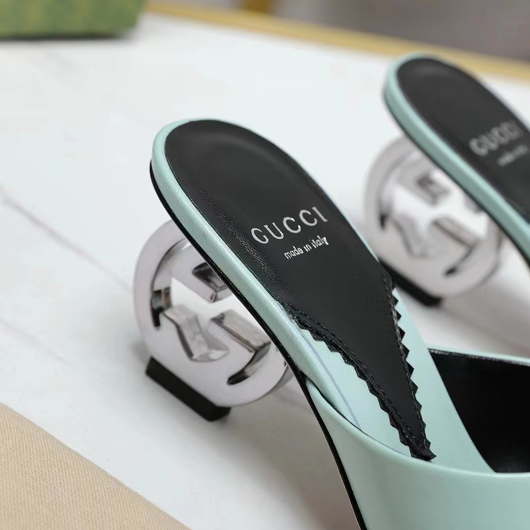 Gucci Women Interlocking G Heel Sandal Light Green Leather Mid 7.6 CM Heel
