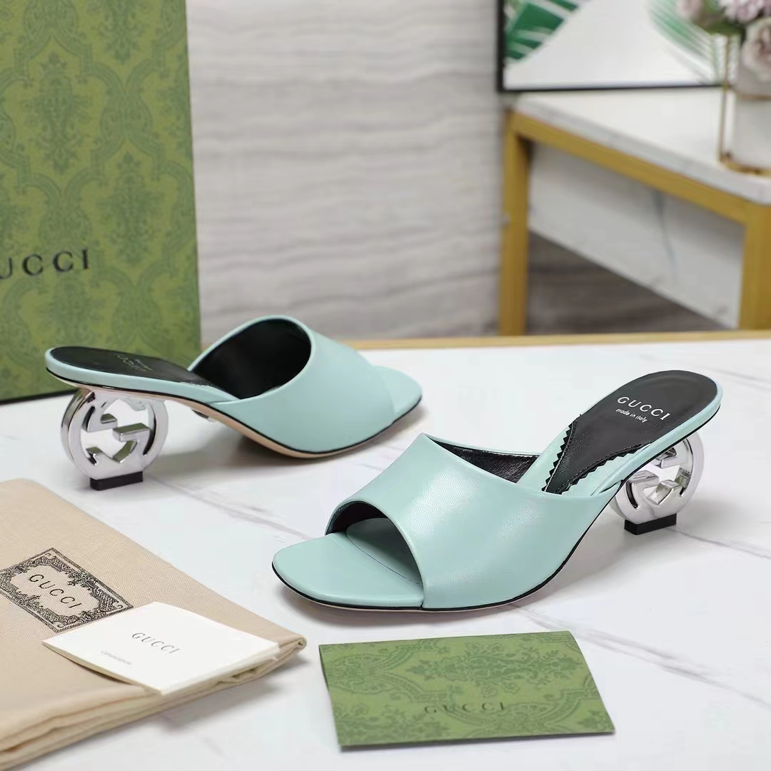 Gucci Women Interlocking G Heel Sandal Light Green Leather Mid 7.6 CM Heel
