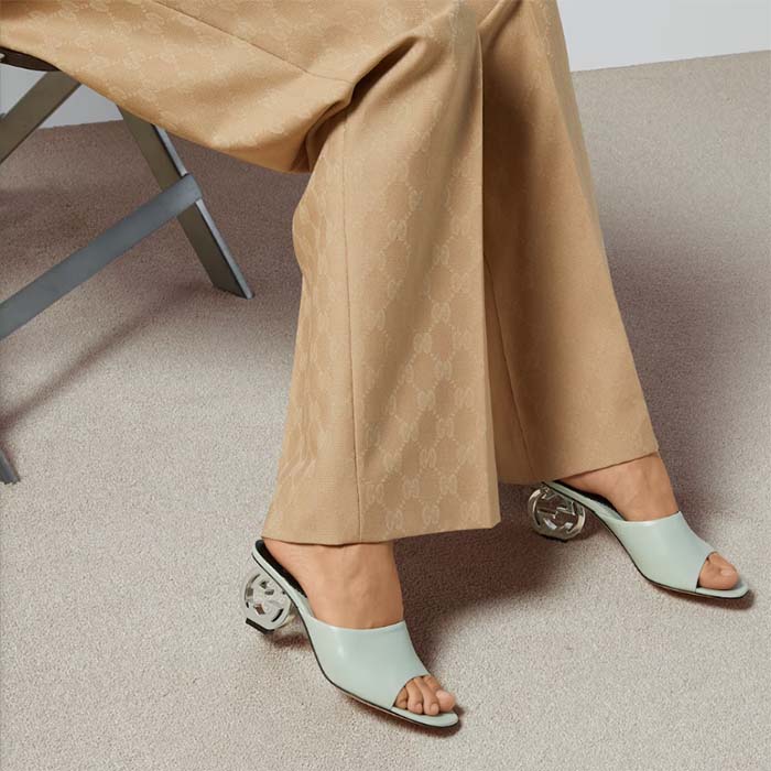 Gucci Women Interlocking G Heel Sandal Light Green Leather Mid 7.6 CM Heel