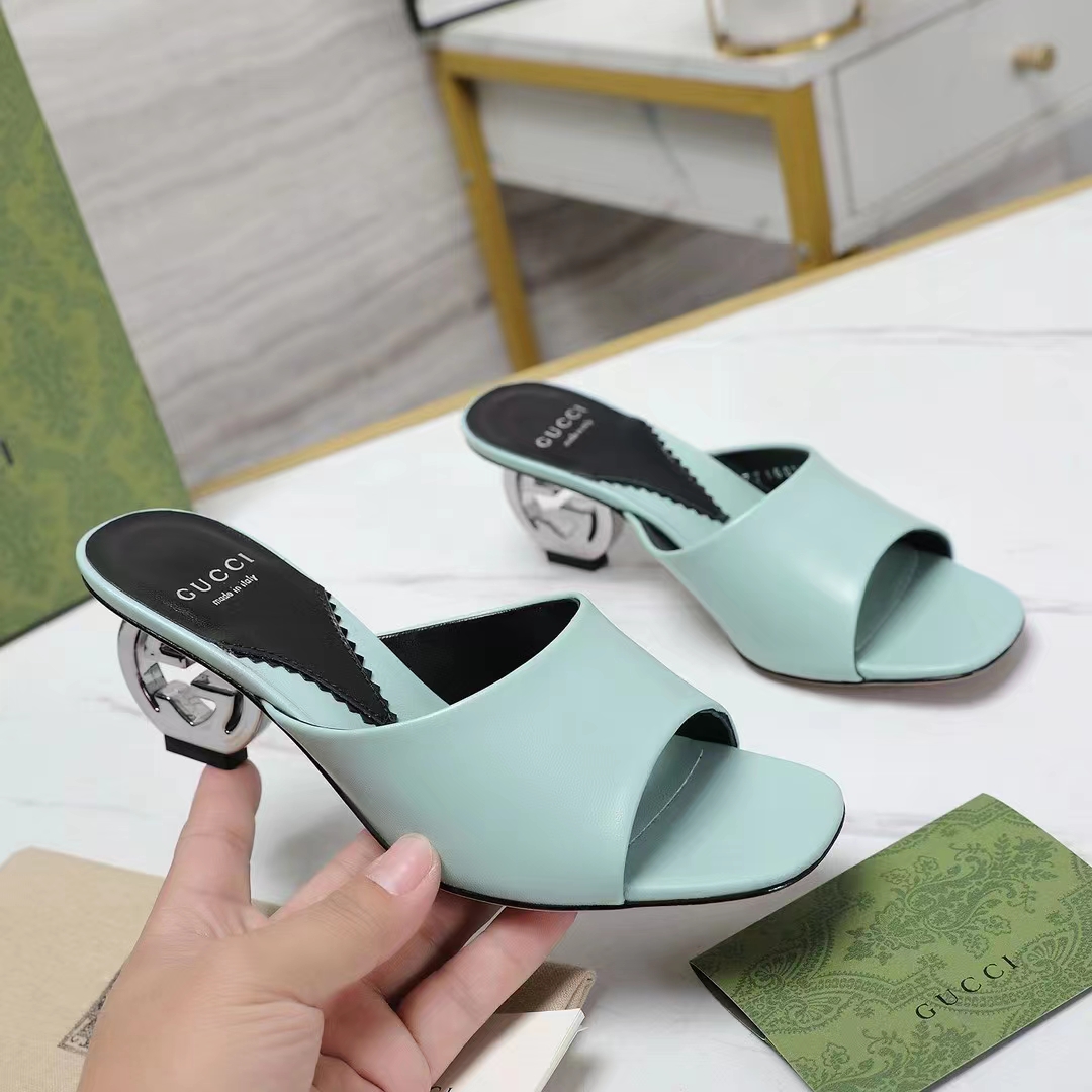 Gucci Women Interlocking G Heel Sandal Light Green Leather Mid 7.6 CM Heel