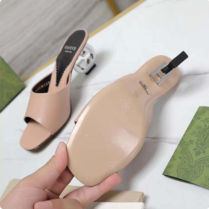 Gucci Women Interlocking G Heel Sandal Light Pink Leather Mid 7.6 CM Heel