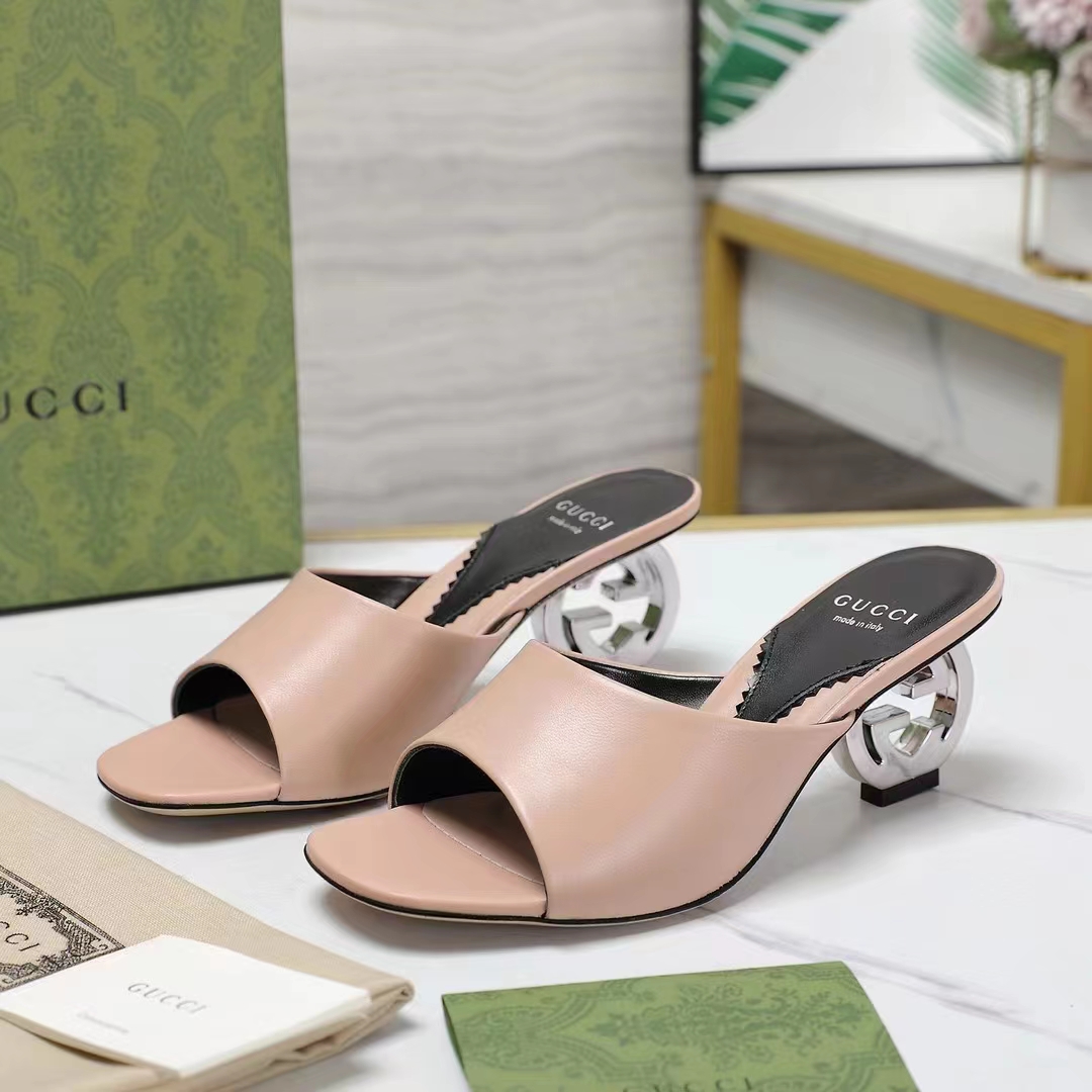 Gucci Women Interlocking G Heel Sandal Light Pink Leather Mid 7.6 CM Heel