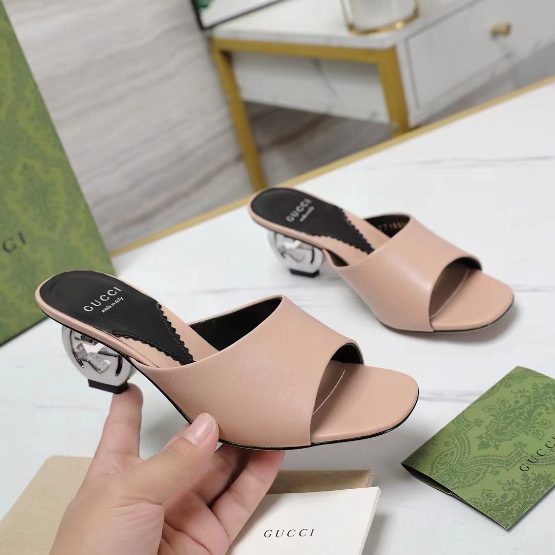 Gucci Women Interlocking G Heel Sandal Light Pink Leather Mid 7.6 CM Heel
