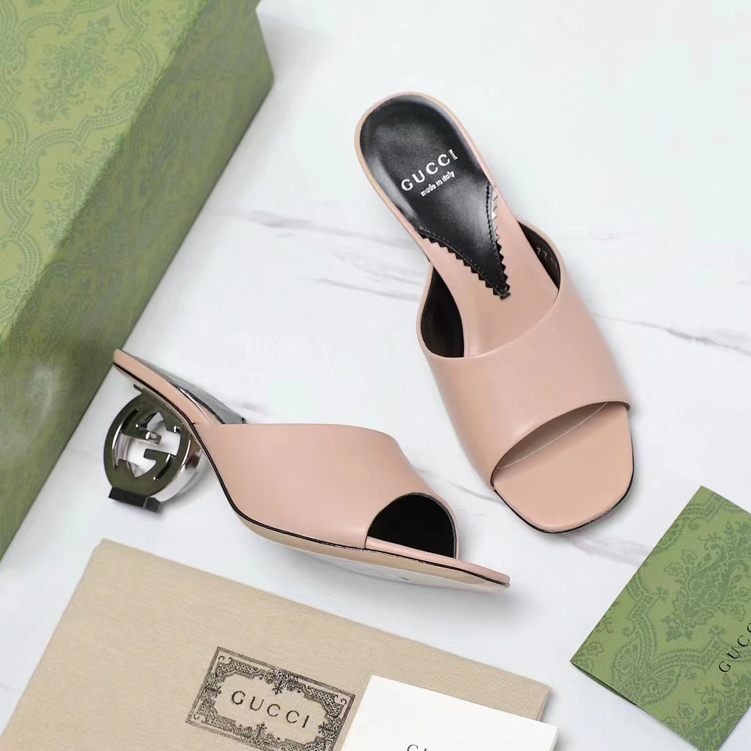 Gucci Women Interlocking G Heel Sandal Light Pink Leather Mid 7.6 CM Heel