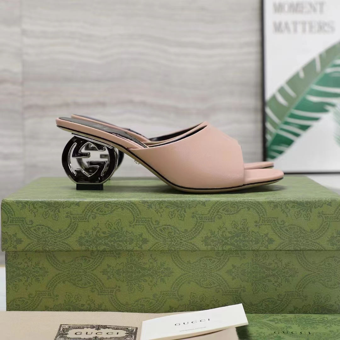 Gucci Women Interlocking G Heel Sandal Light Pink Leather Mid 7.6 CM Heel