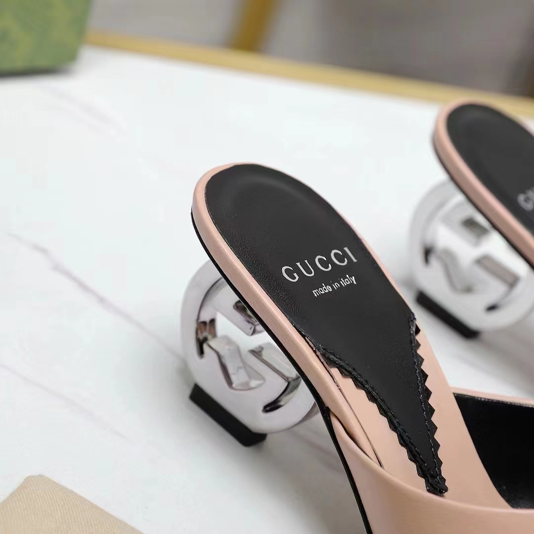 Gucci Women Interlocking G Heel Sandal Light Pink Leather Mid 7.6 CM Heel