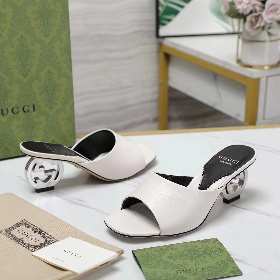 Gucci Women Interlocking G Heel Sandal White Leather Mid 7.6 CM Heel