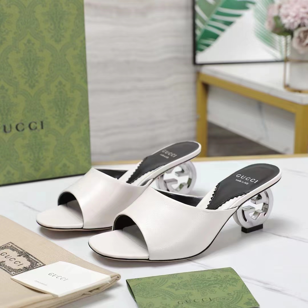 Gucci Women Interlocking G Heel Sandal White Leather Mid 7.6 CM Heel