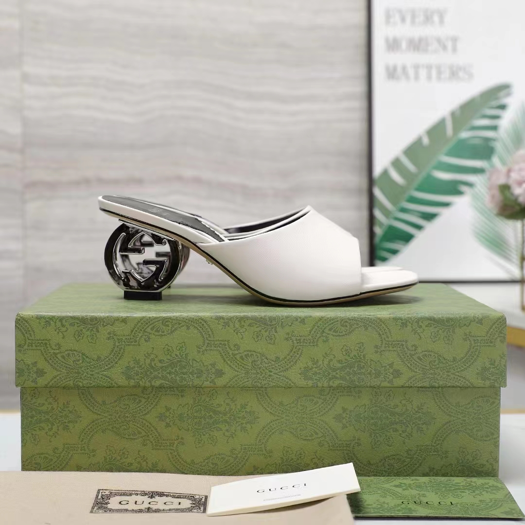 Gucci Women Interlocking G Heel Sandal White Leather Mid 7.6 CM Heel