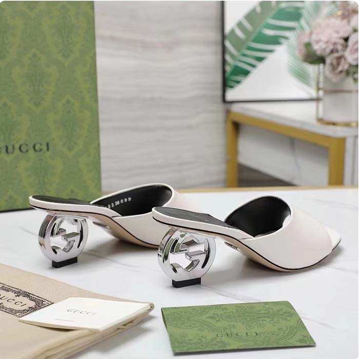 Gucci Women Interlocking G Heel Sandal White Leather Mid 7.6 CM Heel