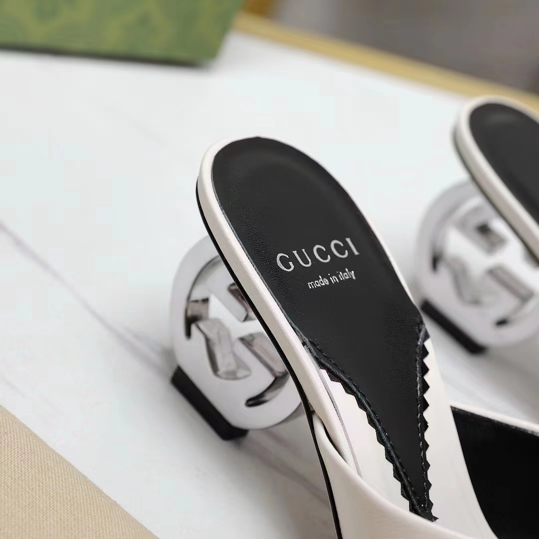 Gucci Women Interlocking G Heel Sandal White Leather Mid 7.6 CM Heel
