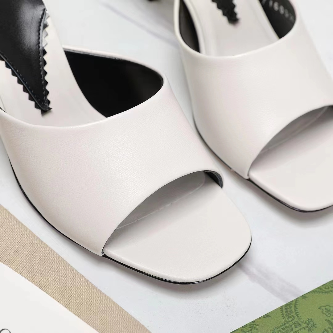 Gucci Women Interlocking G Heel Sandal White Leather Mid 7.6 CM Heel