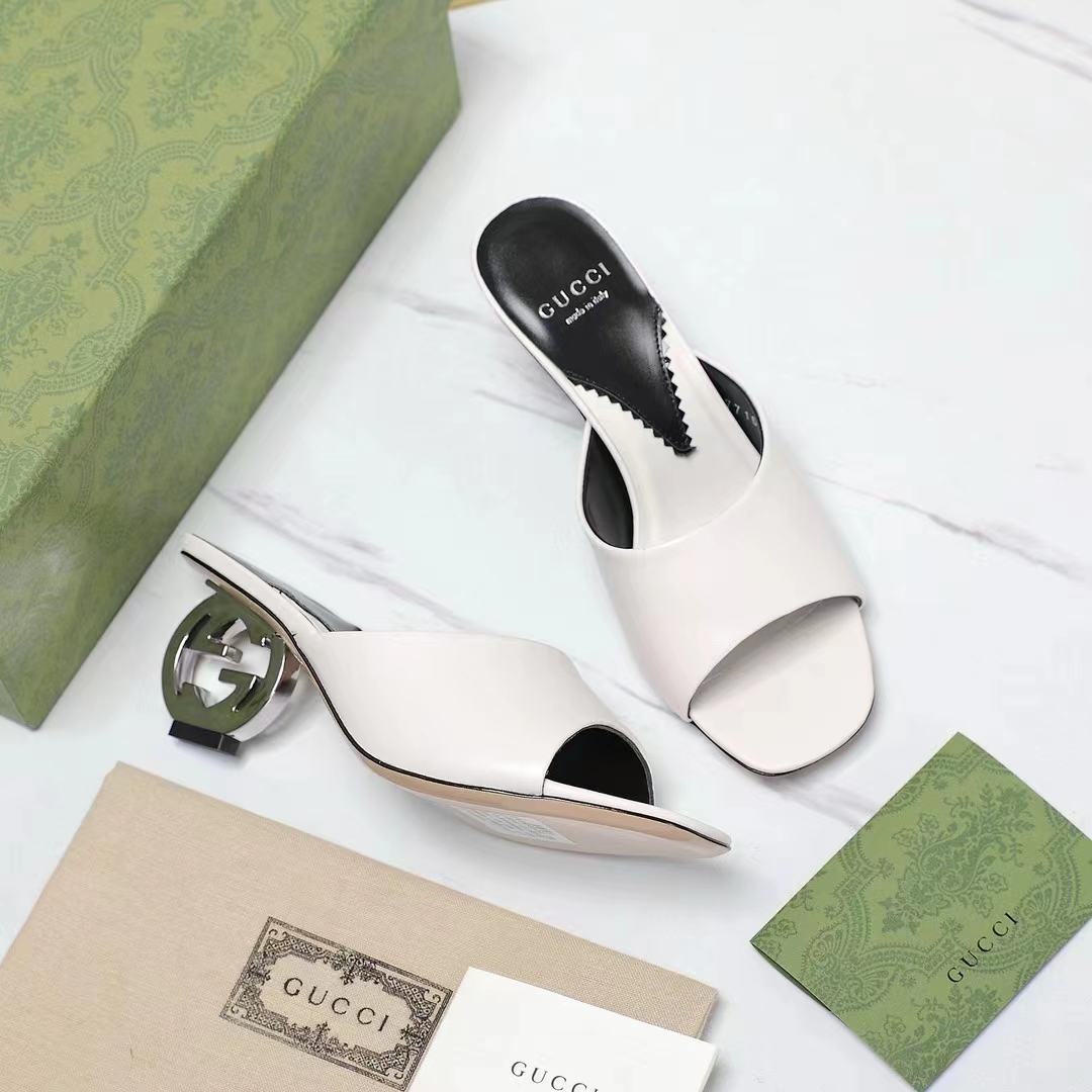 Gucci Women Interlocking G Heel Sandal White Leather Mid 7.6 CM Heel