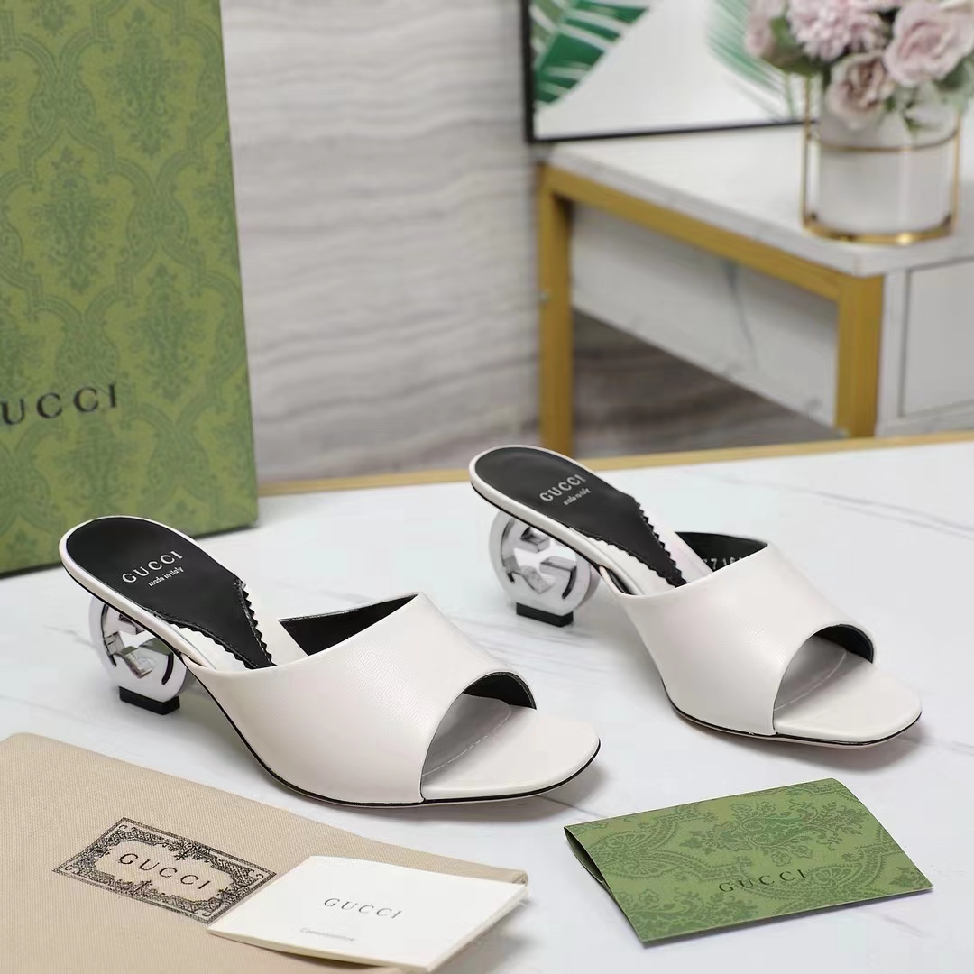 Gucci Women Interlocking G Heel Sandal White Leather Mid 7.6 CM Heel