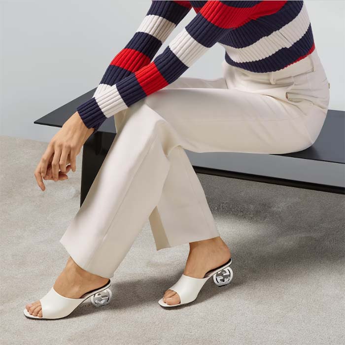 Gucci Women Interlocking G Heel Sandal White Leather Mid 7.6 CM Heel