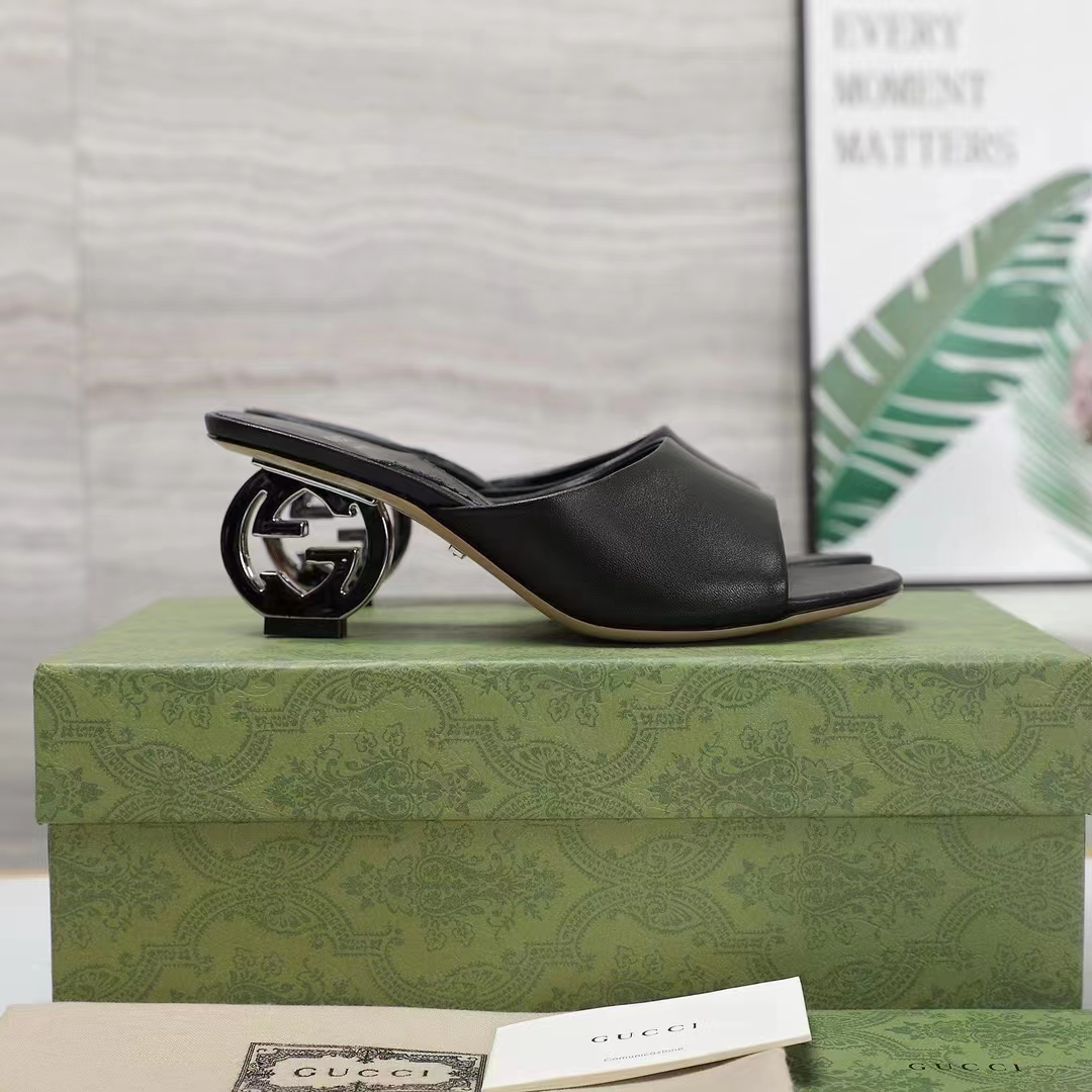 Gucci Women Interlocking G Heel Slide Black Leather Mid 7.6 CM Heel