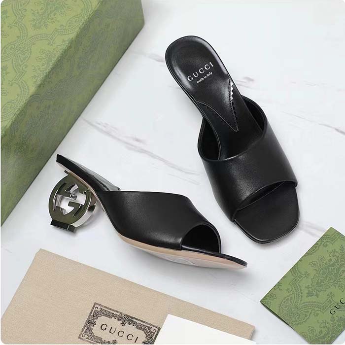 Gucci Women Interlocking G Heel Slide Black Leather Mid 7.6 CM Heel