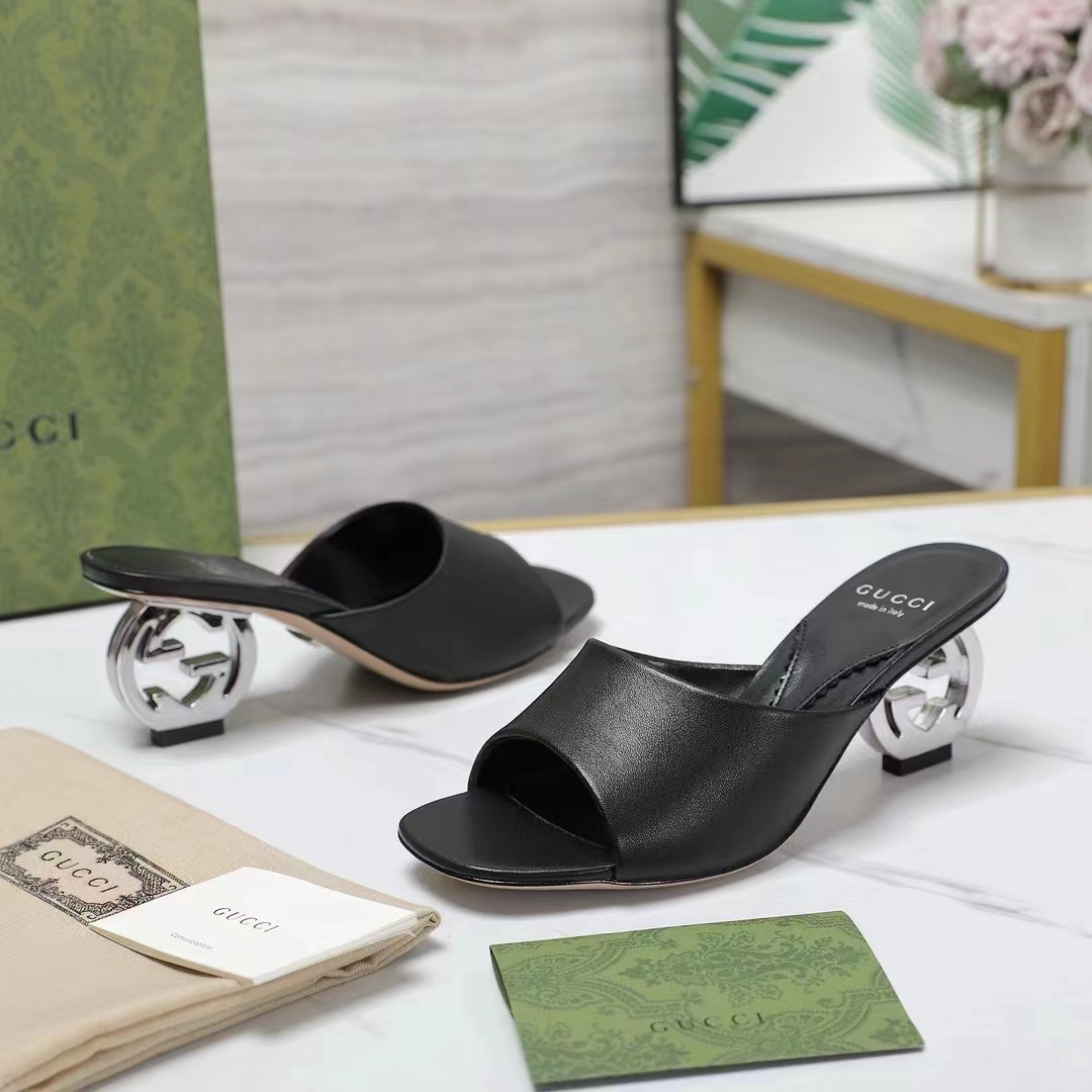 Gucci Women Interlocking G Heel Slide Black Leather Mid 7.6 CM Heel