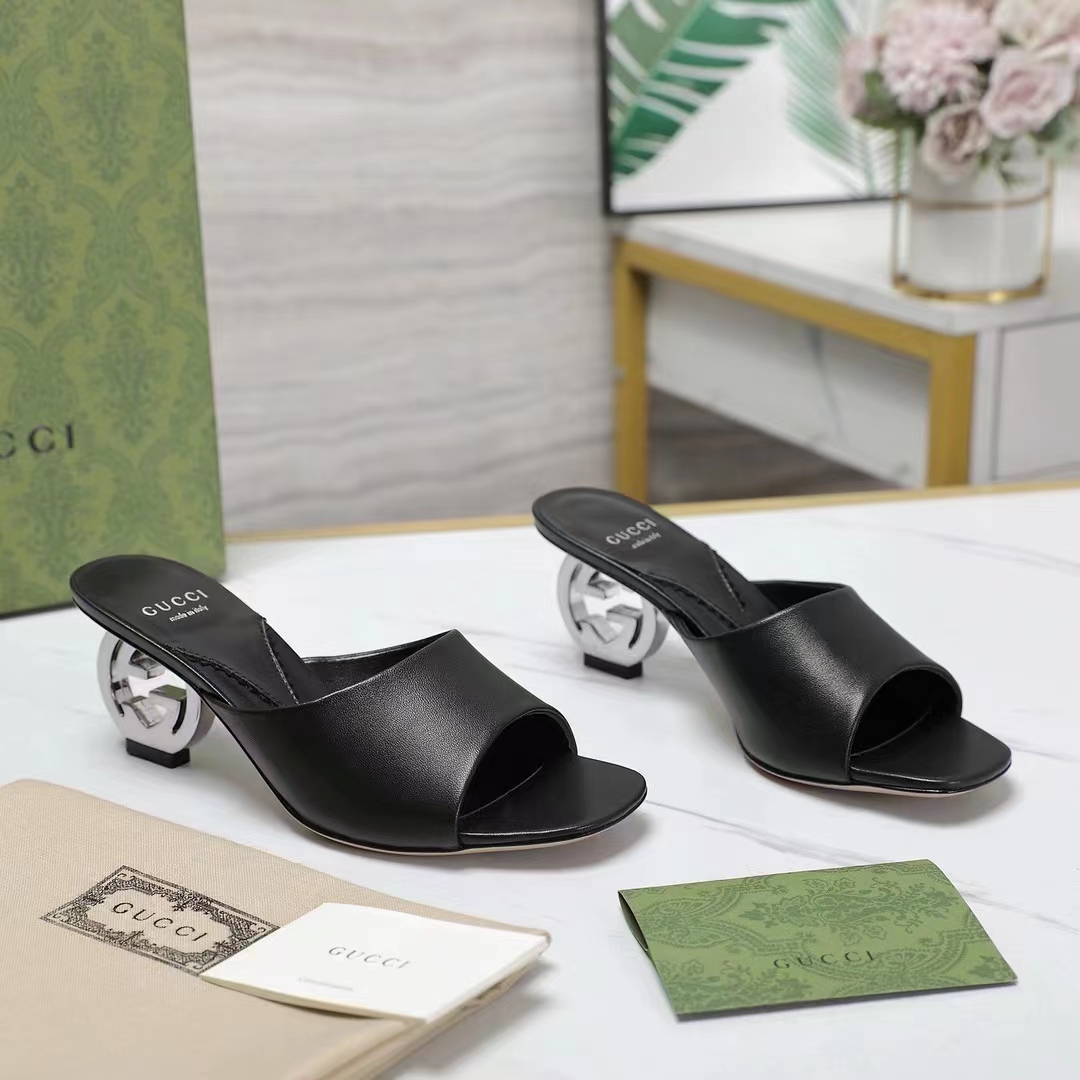Gucci Women Interlocking G Heel Slide Black Leather Mid 7.6 CM Heel
