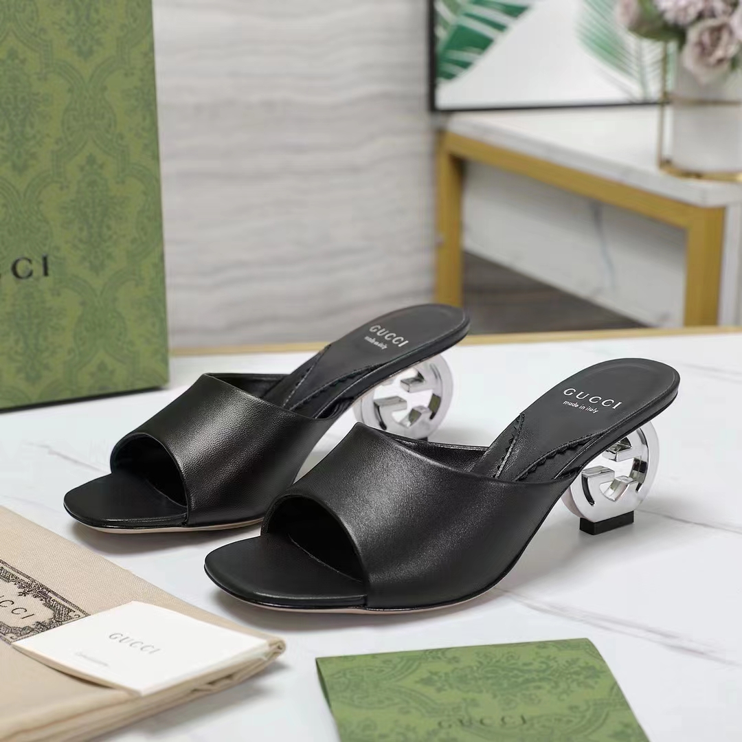 Gucci Women Interlocking G Heel Slide Black Leather Mid 7.6 CM Heel