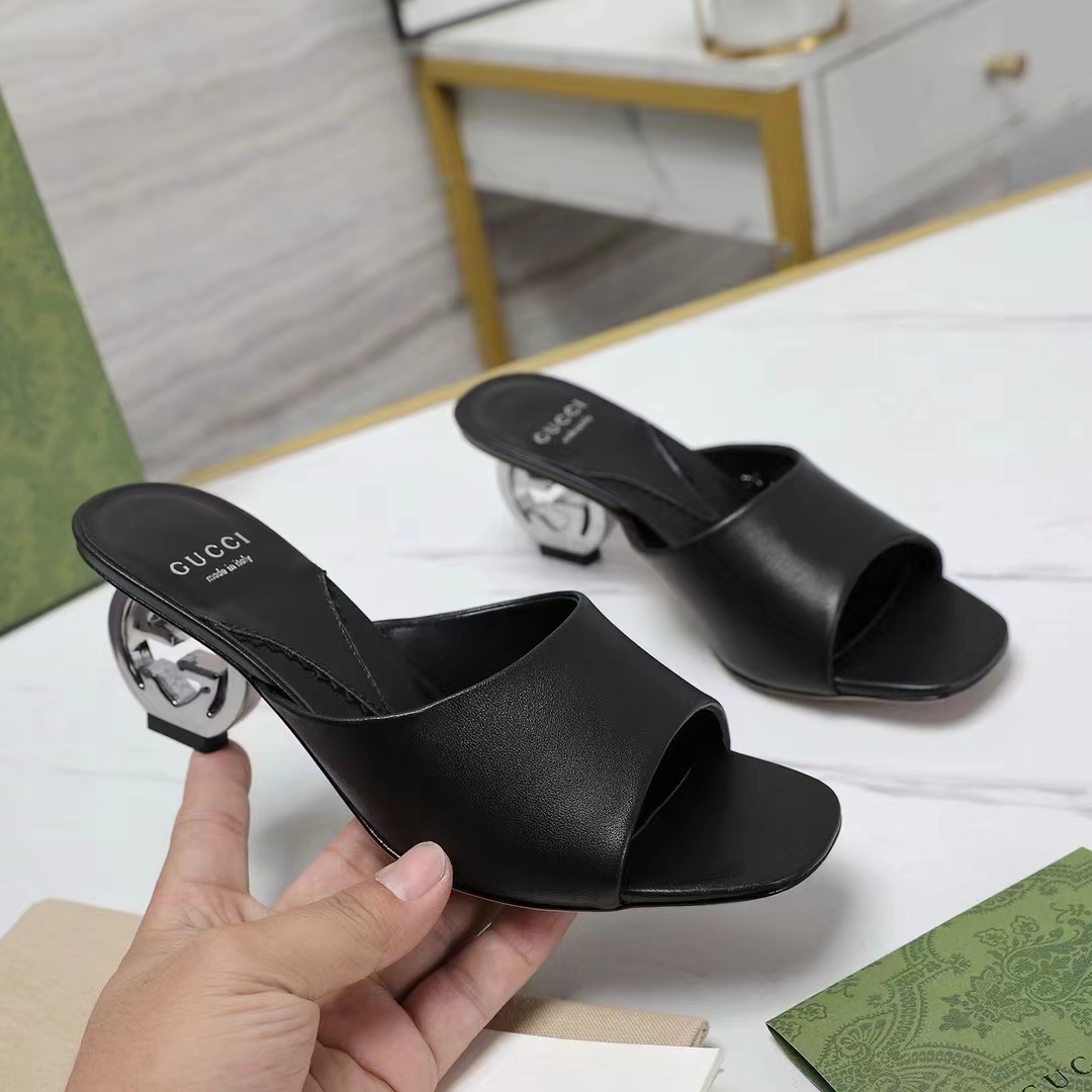 Gucci Women Interlocking G Heel Slide Black Leather Mid 7.6 CM Heel