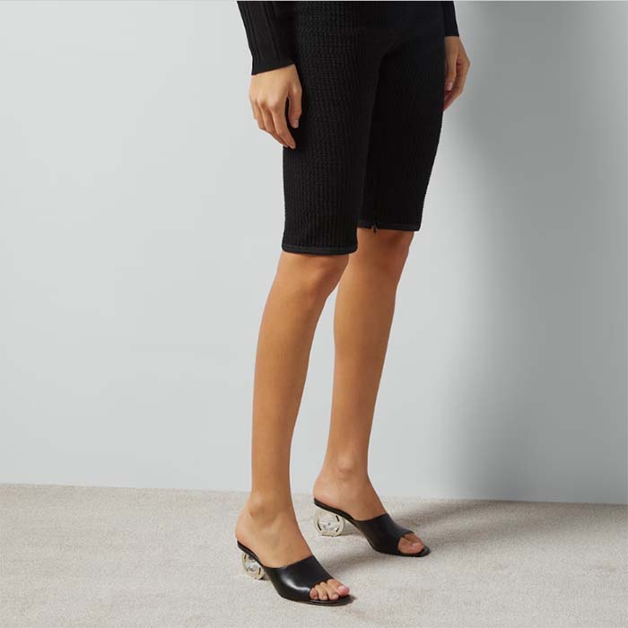Gucci Women Interlocking G Heel Slide Black Leather Mid 7.6 CM Heel