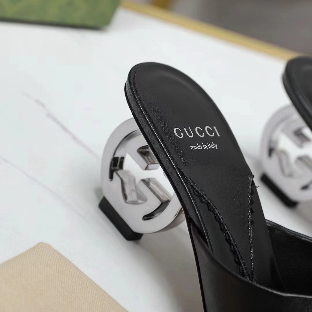 Gucci Women Interlocking G Heel Slide Black Leather Mid 7.6 CM Heel