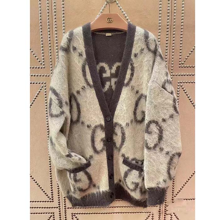 Gucci Women Reversible GG Mohair Cardigan Wool V-Neck Front Pockets