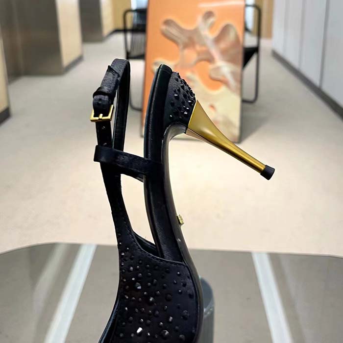 Gucci Women Slingback Pump Crystals Black Silk Satin Pointed Toe Metallic High Heel