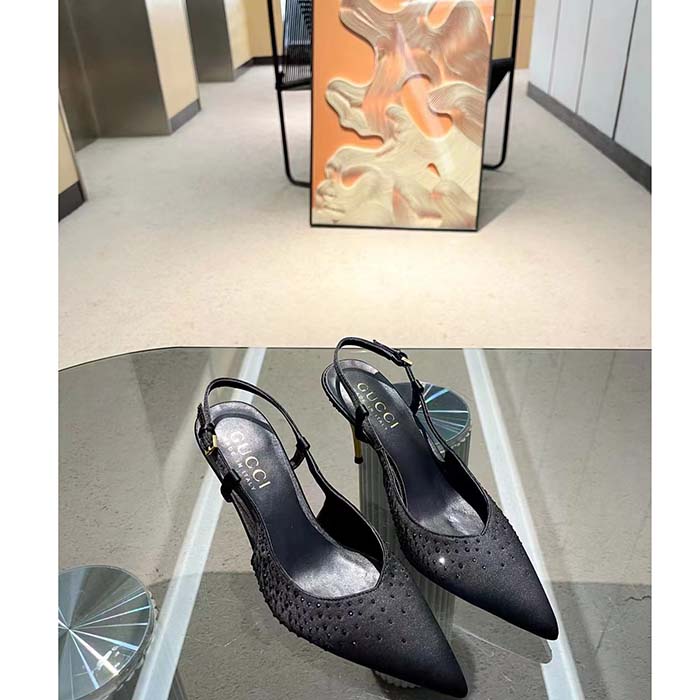 Gucci Women Slingback Pump Crystals Black Silk Satin Pointed Toe Metallic High Heel