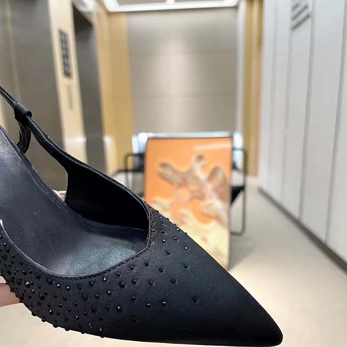 Gucci Women Slingback Pump Crystals Black Silk Satin Pointed Toe Metallic High Heel