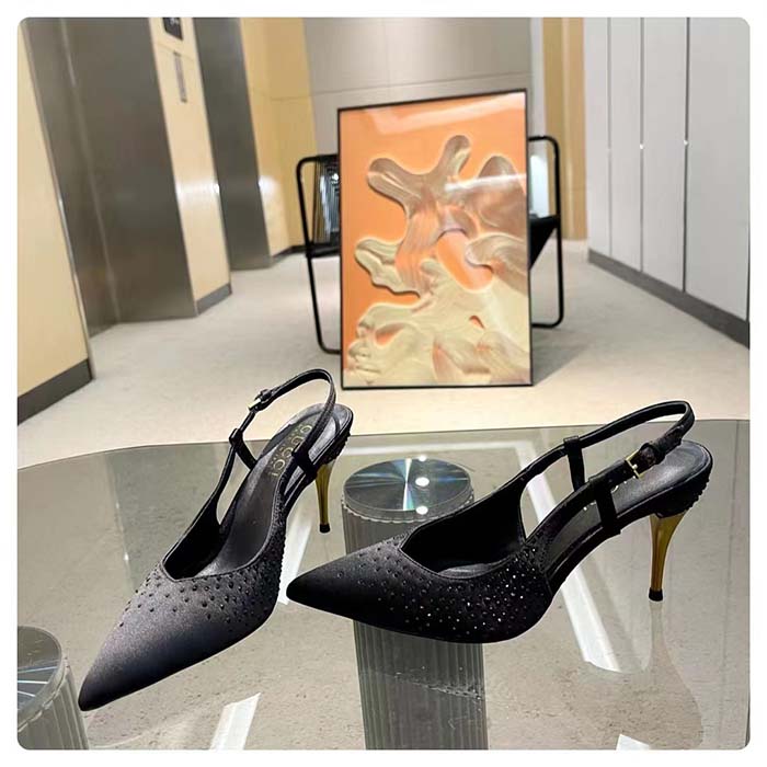 Gucci Women Slingback Pump Crystals Black Silk Satin Pointed Toe Metallic High Heel