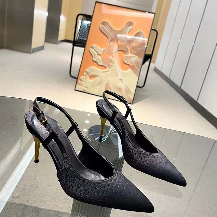 Gucci Women Slingback Pump Crystals Black Silk Satin Pointed Toe Metallic High Heel