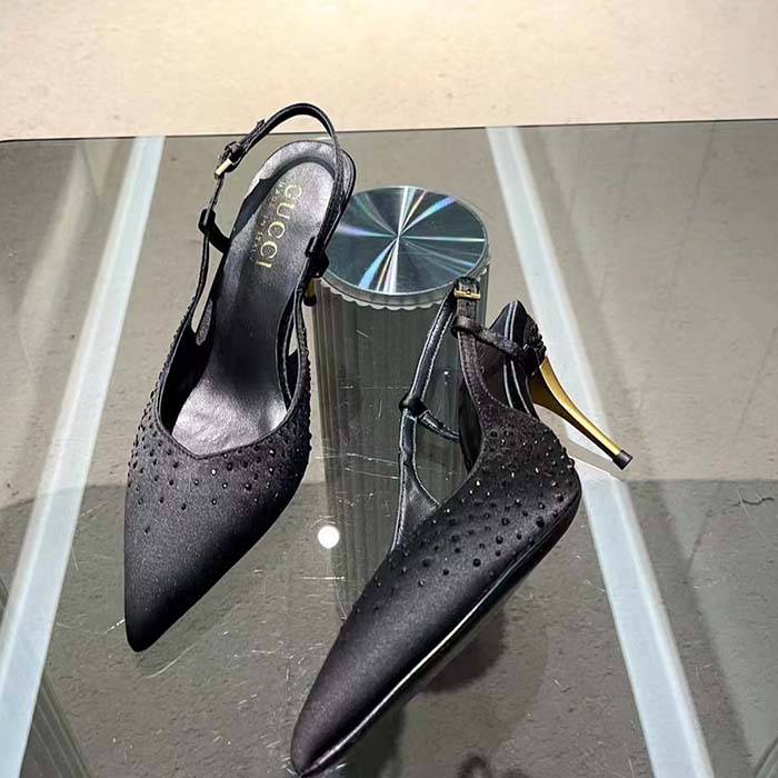Gucci Women Slingback Pump Crystals Black Silk Satin Pointed Toe Metallic High Heel